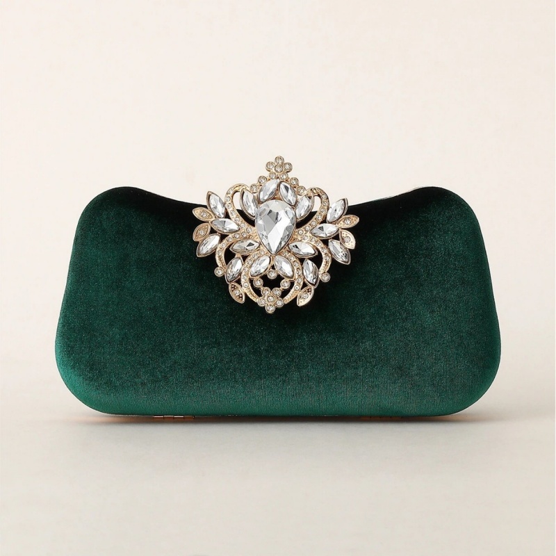 Women Bags Green - กระเป๋าคลัทช์กำมะหยี่สีเขียวเข้ม ประดับคริสตัลหรูหรา ลายดอกไม้ กระเป๋าถือสำหรับงานกลางคืน ดีไซน์หรูหรา เหมาะสำหรับงานแต่งงาน