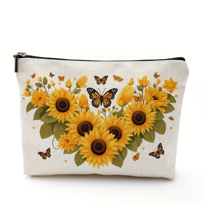 Women Bags Zip - กระเป๋าเครื่องสำอางลายดอกทานตะวันและผีเสื้อ - กระเป๋าซิปอเนกประสงค์น่ารักสำหรับผู้หญิง กระเป๋าเก็บเครื่องประดับ