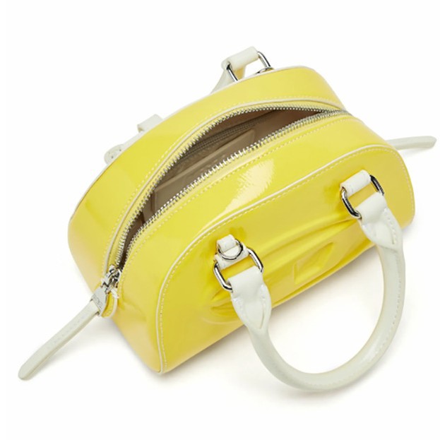 Women Bags Zip - กระเป๋าถือทรงบอสตันขนาดเล็ก สีเหลืองสดใส วัสดุ PU เงา ตกแต่งด้านหน้าลายวงรี