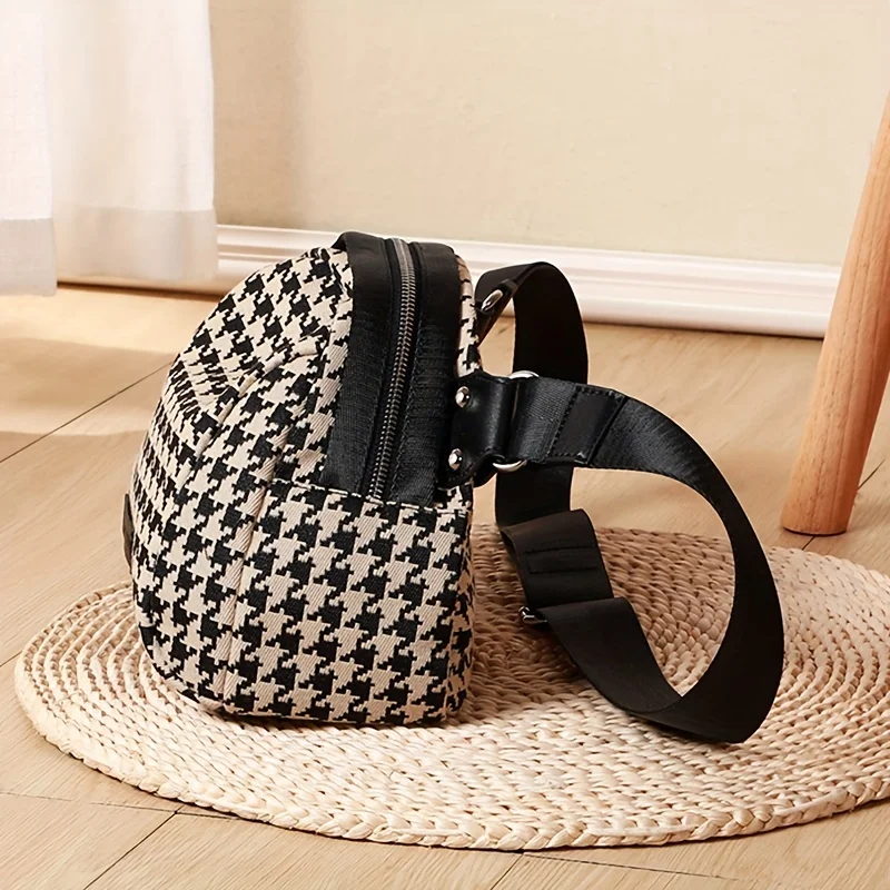 Women Bags Zip - กระเป๋าผ้าใบลายฟันสุนัขอเนกประสงค์สำหรับผู้หญิงสายรัดปรับระดับได้แบบรูดซิปรายละเอียดแบบปักเหมาะสำหรับการเดินทางทุกวันกระเป๋าคาดหน้าอก