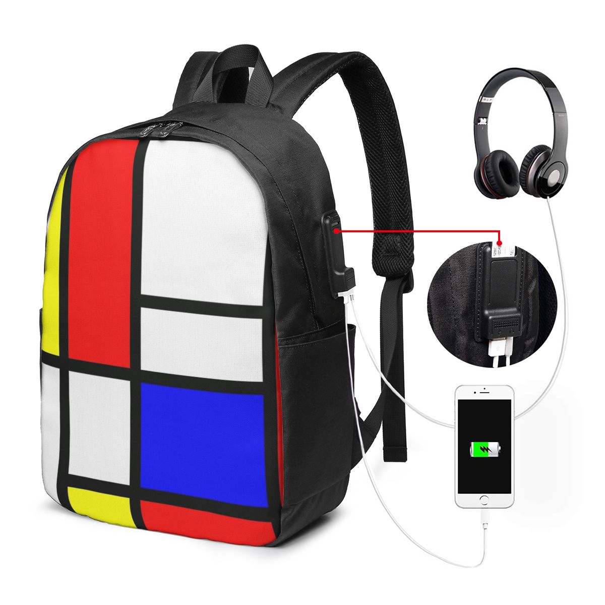 Women Bags Laptop - พีเอ็ต มอนดริแอน คอมโพซิชั่นกระเป๋าเป้สะพายหลังกระเป๋าใส่โน๊ตบุ๊คสำหรับเดินทางคอมพิวเตอร์กระเป๋านักเรียนนักศึกษากระเป๋าสะพายแล็ปท็อปสำหรับผู้ชายผู้หญิง